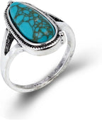 Bohemian Turquoise Oval Flower Rings Vintage Geometric Ethnic Natural Stone Adjustable Silver Joint Knuckle Rings Western Cowgirl Statement Jewelry