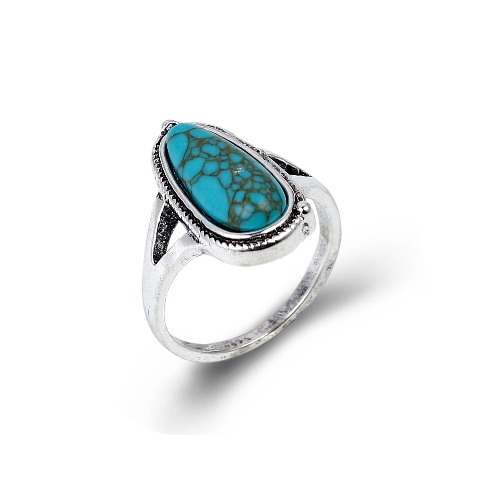 Bohemian Turquoise Oval Flower Rings Vintage Geometric Ethnic Natural Stone Adjustable Silver Joint Knuckle Rings Western Cowgirl Statement Jewelry