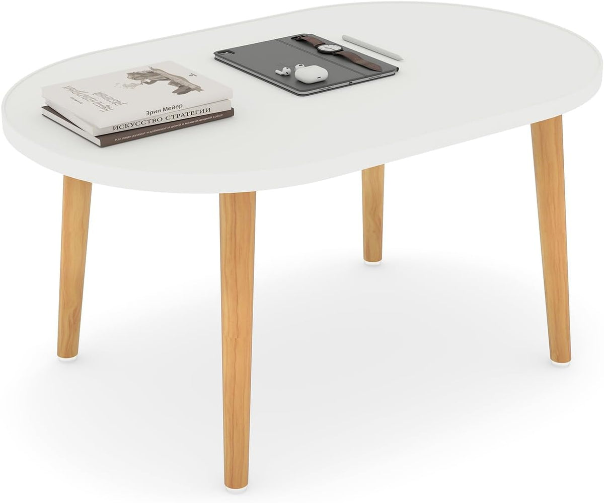 Oval Coffee Table Low Table with 4 Solid Wood Sturdy Legs, Floor Table Desk for Sitting on The Floor, Storage and Living Room Furniture (White)