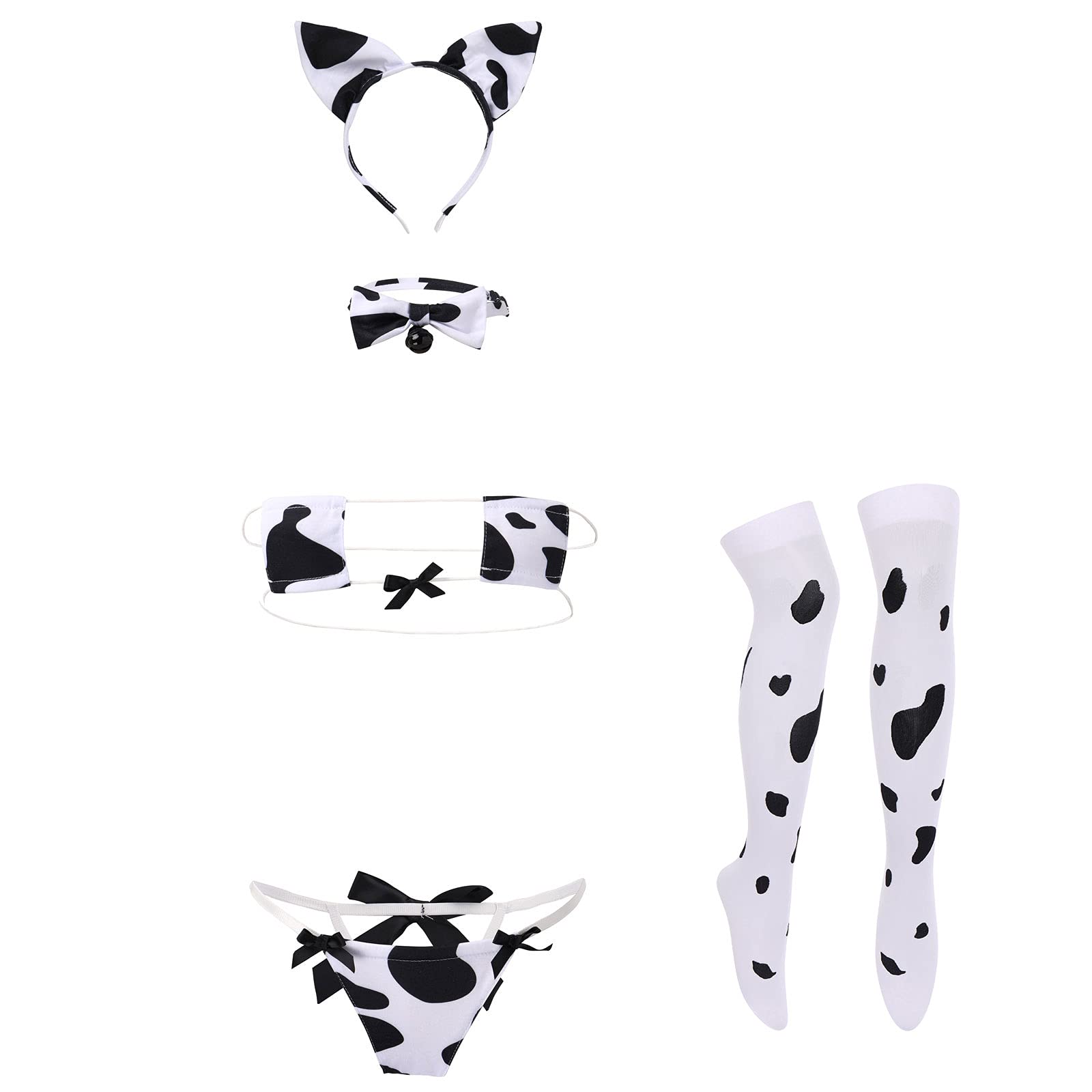 FYMNSI Women Sexy Milk Cow Lingerie Set Anime Maid Cosplay Costume Mini Bikini Bra Bodysuit with Bell Choker Stockings Outfit