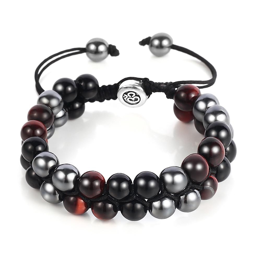 Triple Protection Bracelet - for Protect & Balance - Energy Crystal Handmade Bracelets for Men - Bring Good Luck & Prosperity, Tiger Eye Black Onyx and Lava Rock Jewelry Natural Stone Healing Bracelet
