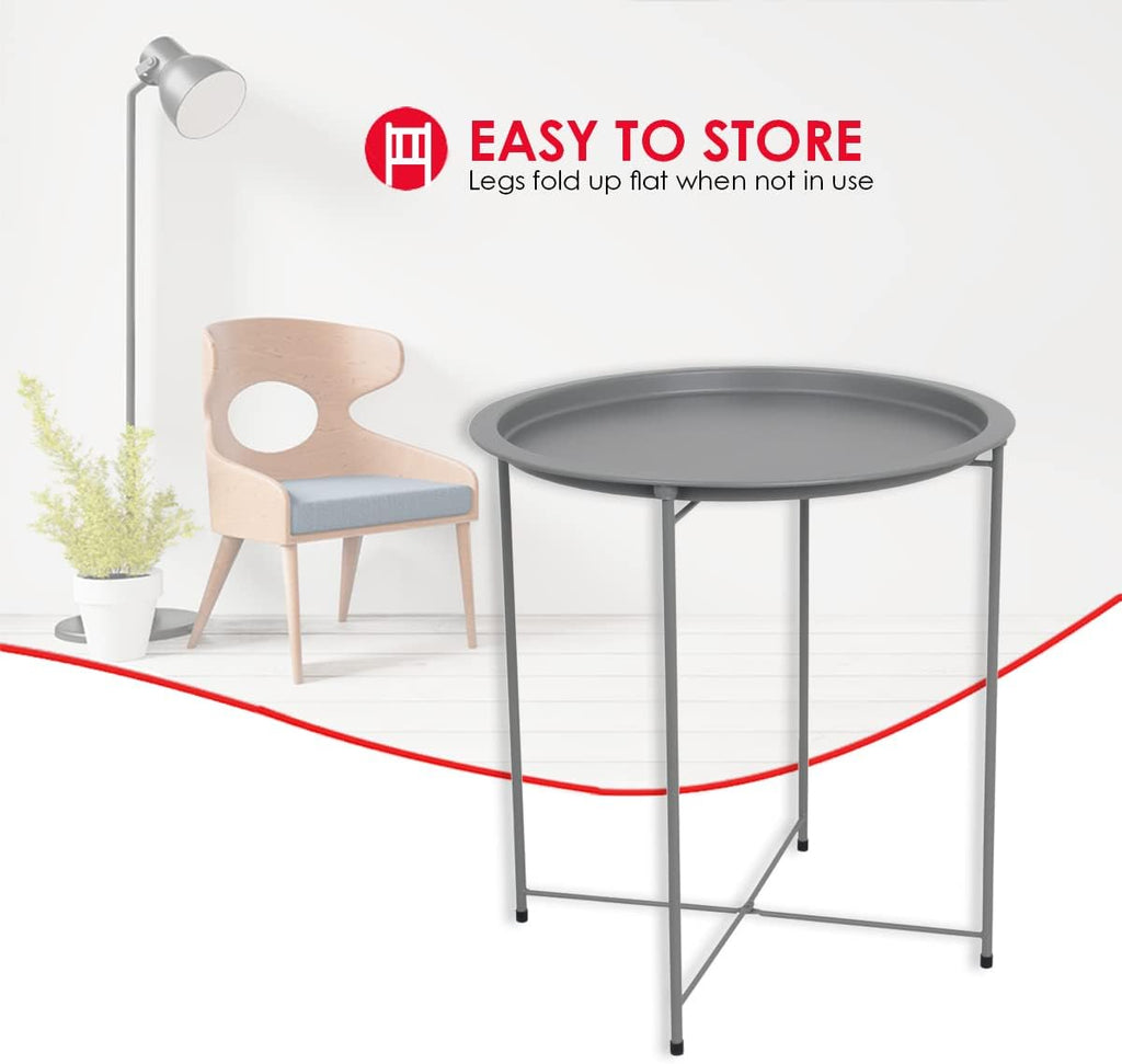 Home Basics , Matte Grey Foldable Round Multi-Purpose Metal Side Accent, Coffee, End Table for Bedroom, Living Room