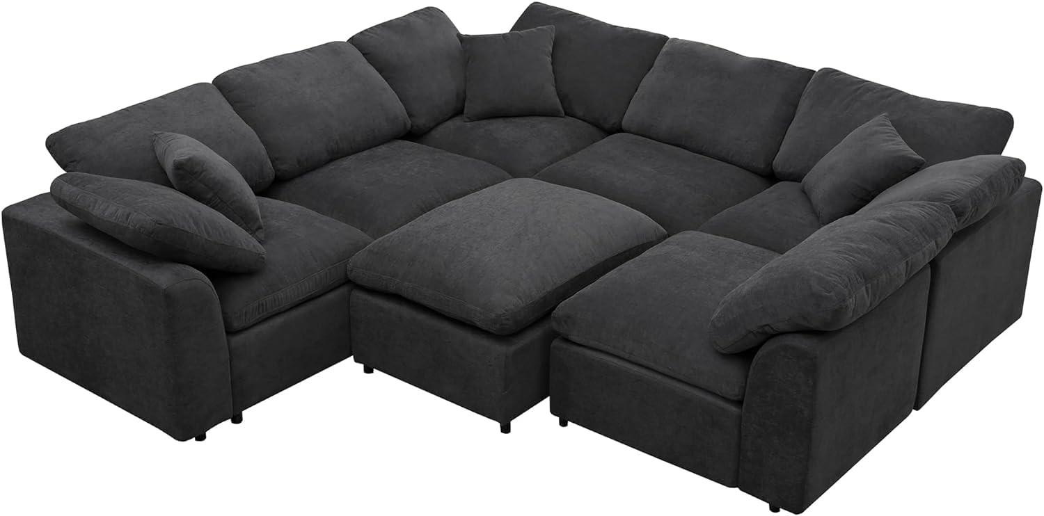 U-Shaped Oversized Symmetrical Sectional Sofa Couch Classic Chesterfield Scroll Armrest Button Tufted Sofa&Couch with Extra Wide Chaises and 2 Pillows for Living Room Home Theater/Office/Apartment