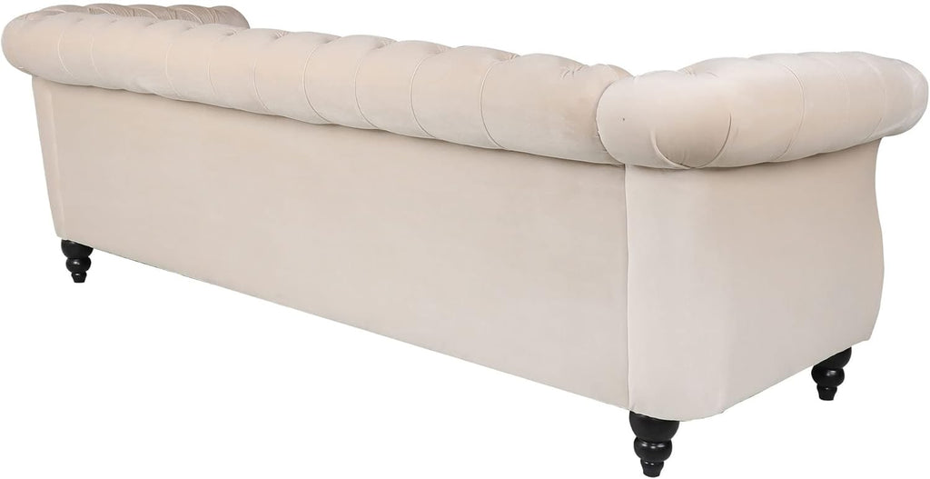 RARZOE Chesterfield Classic Sofa, Mordern 3 Seater Velvet Sofa Couch, Tufted Back Chesterfield Settee Sofas with Nailhead Trim Scroll Arms for Living Room Apartment(Beige)