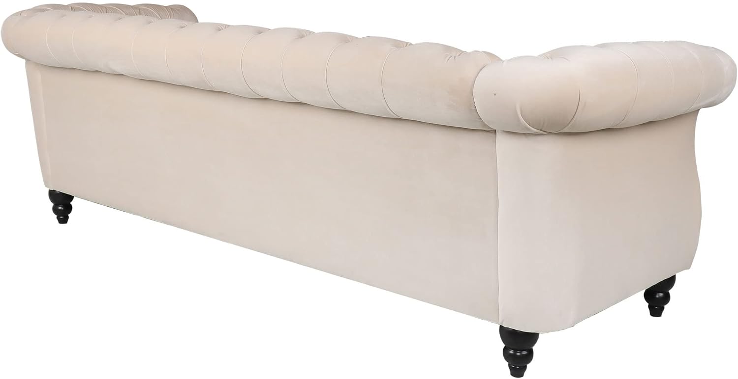 RARZOE Chesterfield Classic Sofa, Mordern 3 Seater Velvet Sofa Couch, Tufted Back Chesterfield Settee Sofas with Nailhead Trim Scroll Arms for Living Room Apartment(Beige)