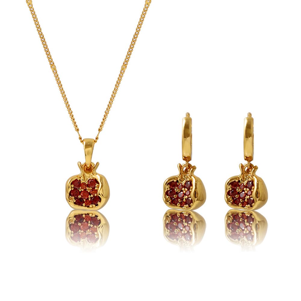 Pomegranate Earrings, Premium Cubic Zirconia Inlay Red Pomegranate Pendant, 18k Gold Plated Stainless Steel Hoop Earrings