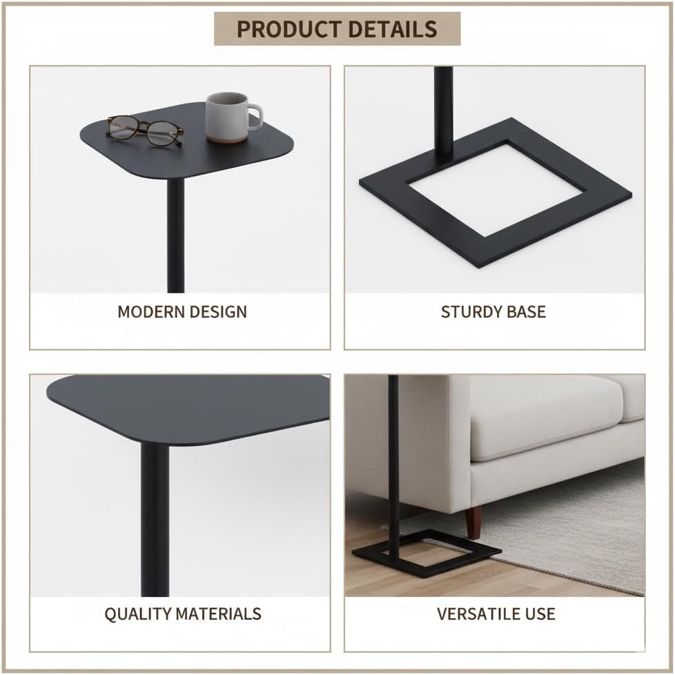 Stable C Table End Table, 23.4" Tall C Shaped Side Table That Slides Under Sofa, Slim Under Couch Table, Modern Industrial Coffee Tray Table for Living Room Bedroom (Small Black)