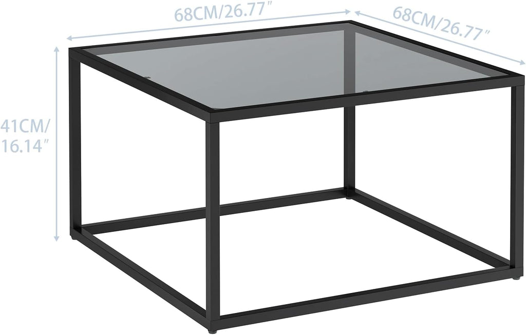 YMYNY Glass Coffee Table, Tempered Glass Square Coffee Tables with Metal Frame, Unique Modern Table for Living Room Home Office 26.77" x 26.77" x 15.75", Black Grey, UHCT001H