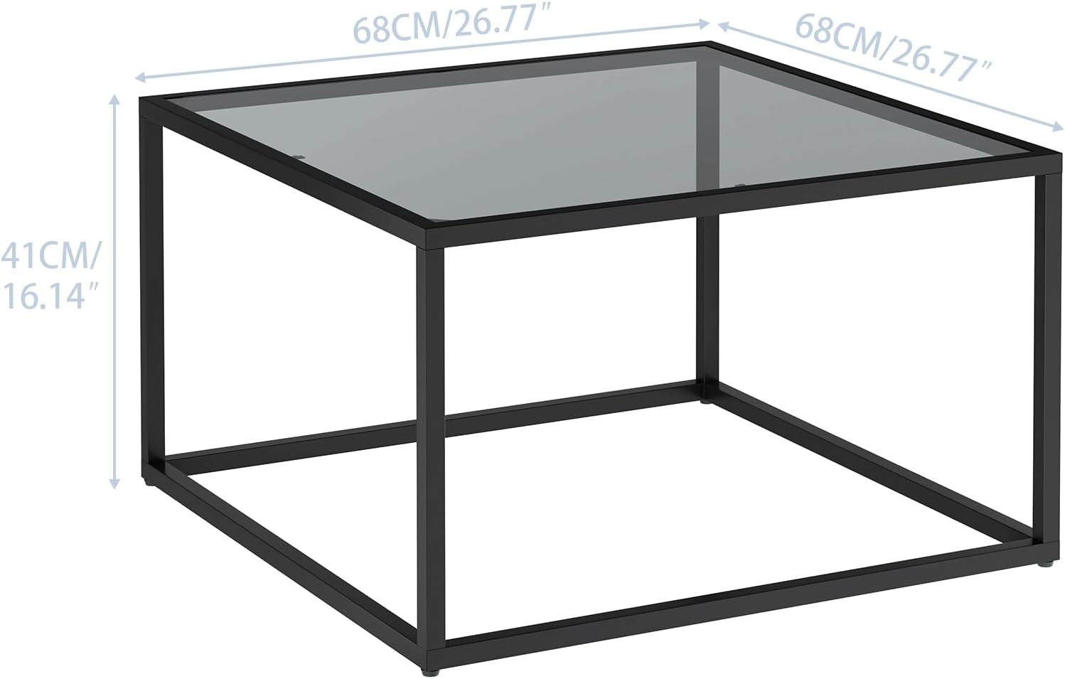 YMYNY Glass Coffee Table, Tempered Glass Square Coffee Tables with Metal Frame, Unique Modern Table for Living Room Home Office 26.77" x 26.77" x 15.75", Black Grey, UHCT001H