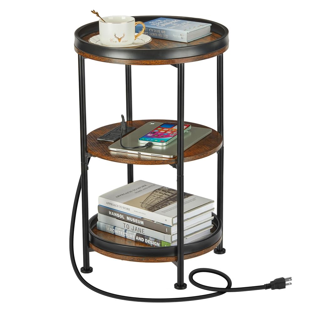 Dulcii Side Table, Round End Table with 3 Storage Shelves for Living Room, Bedroom, Nightstand with Steel Frame for Small Spaces, Industrial Round Sofa Table, Outdoor Accent Coffee Table, Rustic Brown