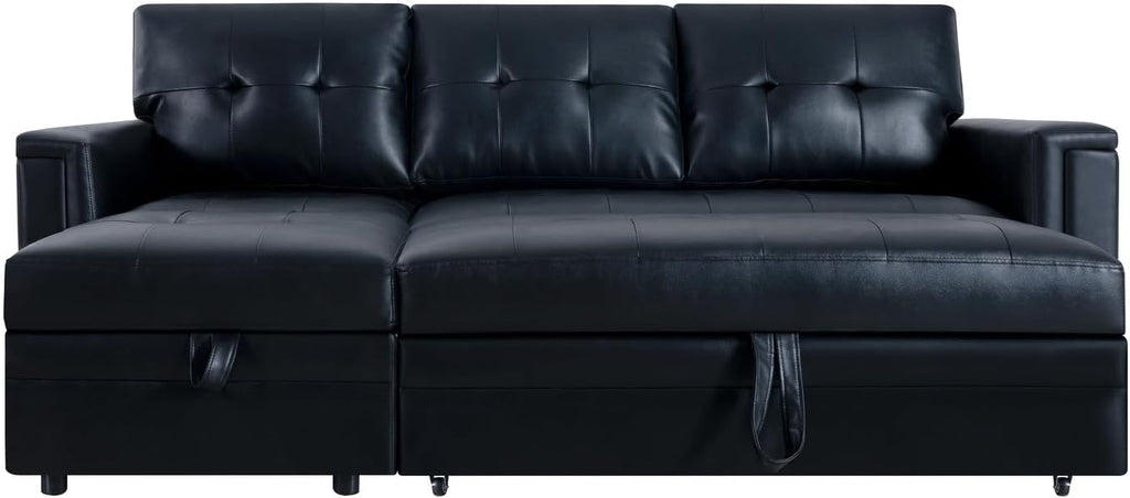 Naomi Home L-Shaped Sectional Sleeper Sofa with USB Ports - Convertible Pull-Out Bed, Ample Storage, Timeless Design, Durable Construction, Black/Air Leather