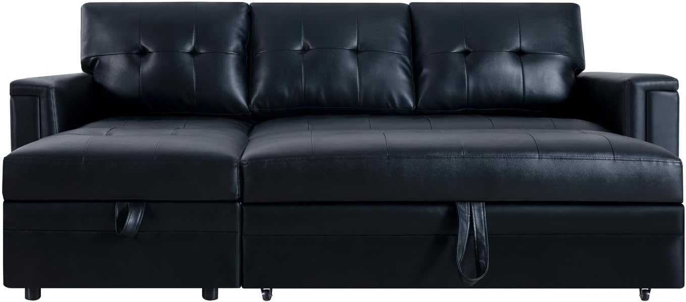 Naomi Home L-Shaped Sectional Sleeper Sofa with USB Ports - Convertible Pull-Out Bed, Ample Storage, Timeless Design, Durable Construction, Black/Air Leather