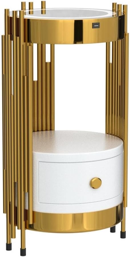 Gold Led Smart Round Nightstand with Drawer,Sofa Narrow End Table with Wireless Charging Station,Small Spaces Coffee Table/Bedside Table/Unique Accent Side Table