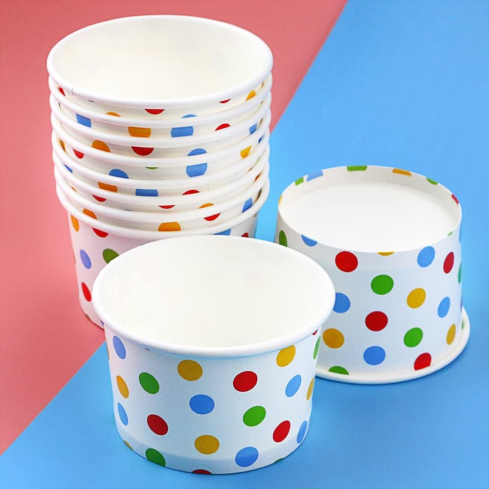 CZWESTC 50 Pcs 9oz Paper Ice Cream Cups, Disposable Dessert Bowls for Hot or Cold Food, Party Supplies Treat Cups for Sundae, Frozen Yogurt, Soup,Colored Dots
