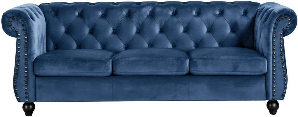 Container Furniture Velvet Chesterfield Couch, Button-Tufted Backrest, Rolled Arms, High-Density Foam with Spring Support, Elegant Accent Piece, Sofa, Dark Blue