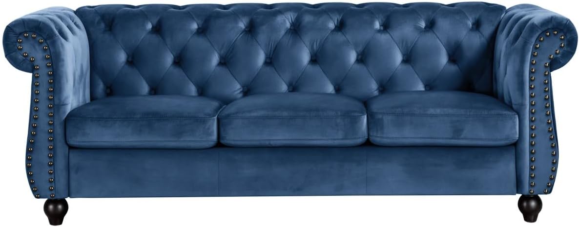 Container Furniture Velvet Chesterfield Couch, Button-Tufted Backrest, Rolled Arms, High-Density Foam with Spring Support, Elegant Accent Piece, Sofa, Dark Blue