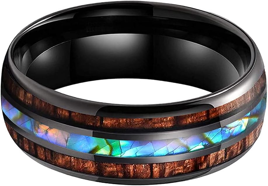 8mm Hawaiian Koa Wood Black Tungsten Carbide Rings Dome Double Grooved Abalone Shell Wedding Bands for Men Women Comfort Fit Size 5-14