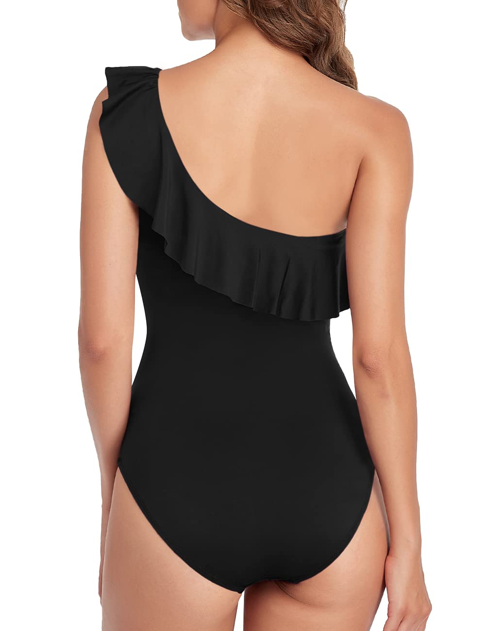 Hilor Women's One Piece Swimsuits One Shoulder Swimwear Asymmetric Ruffle Monokinis Bathing Suits Black 10