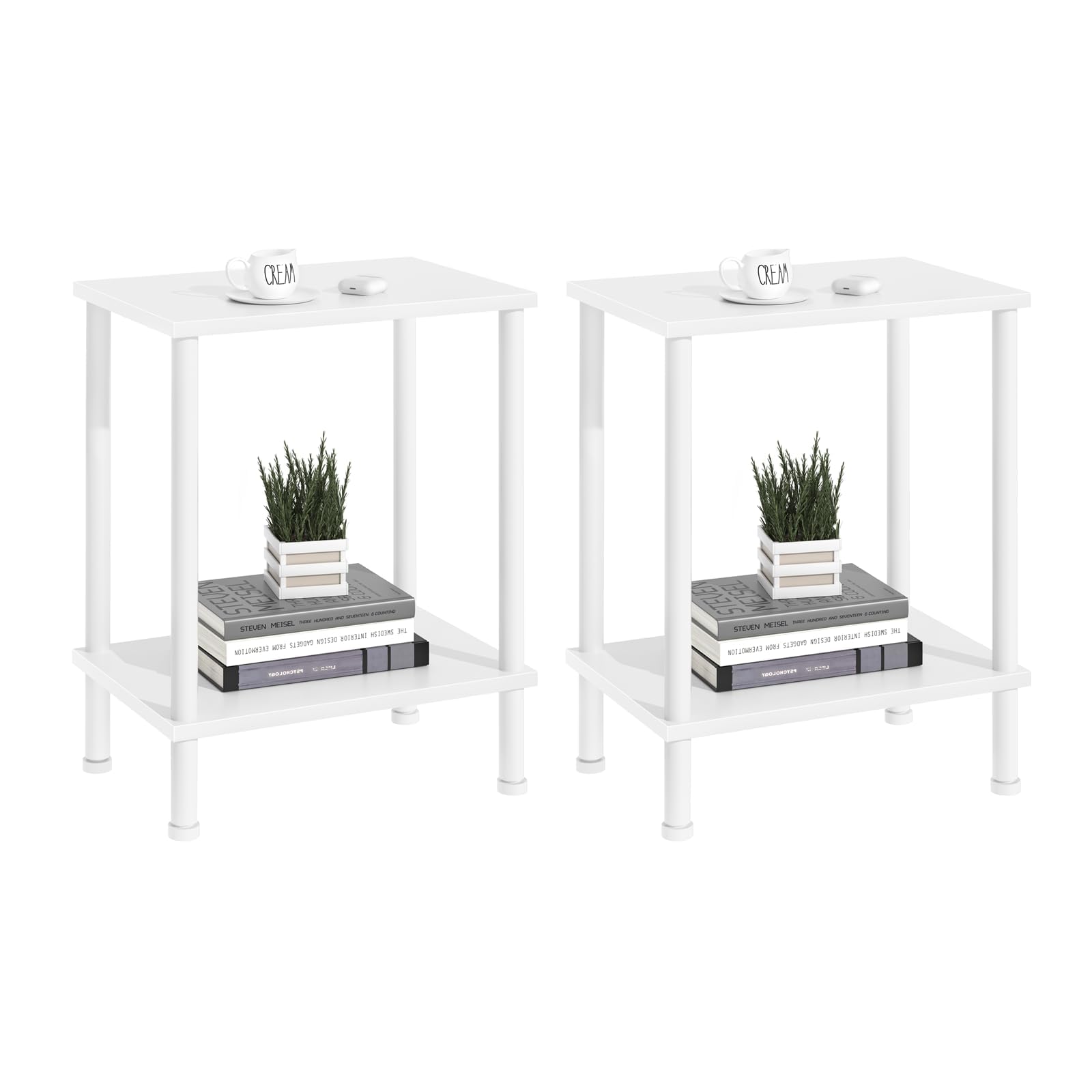End Table,Small Side Table,2-Tier Nightstand with Storage Shelf,Sofa Bedside Table for Small Spaces in Living Room,Bedroom, Office,Stable Frame,Easy Assembly,White