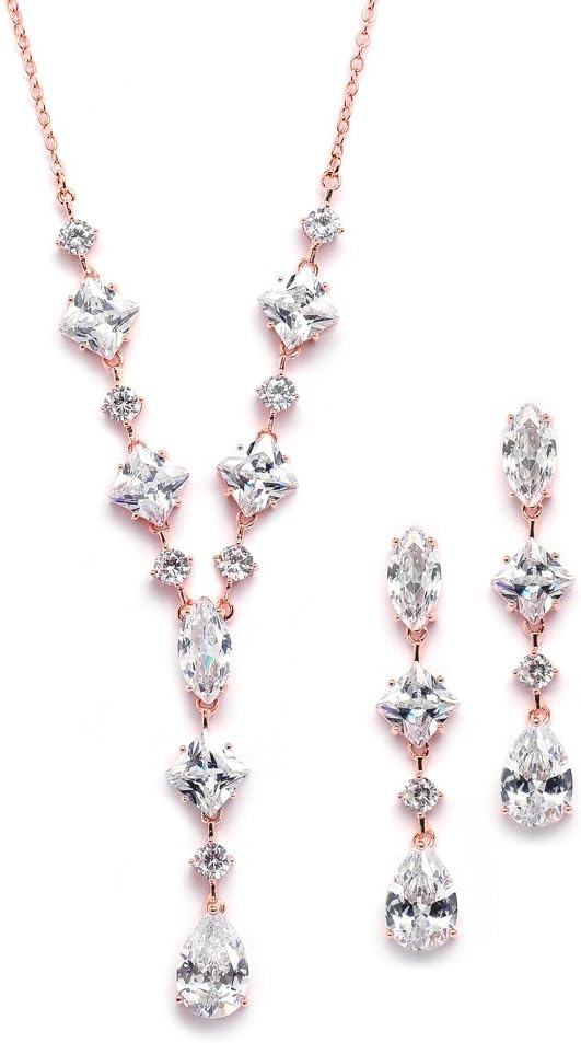 Mariell Rose Gold Cubic Zirconia Necklace & Earrings Bridal Jewelry Set, CZ Crystal Statement Necklace Set for Weddings, Formal Events, Mother of The Bride