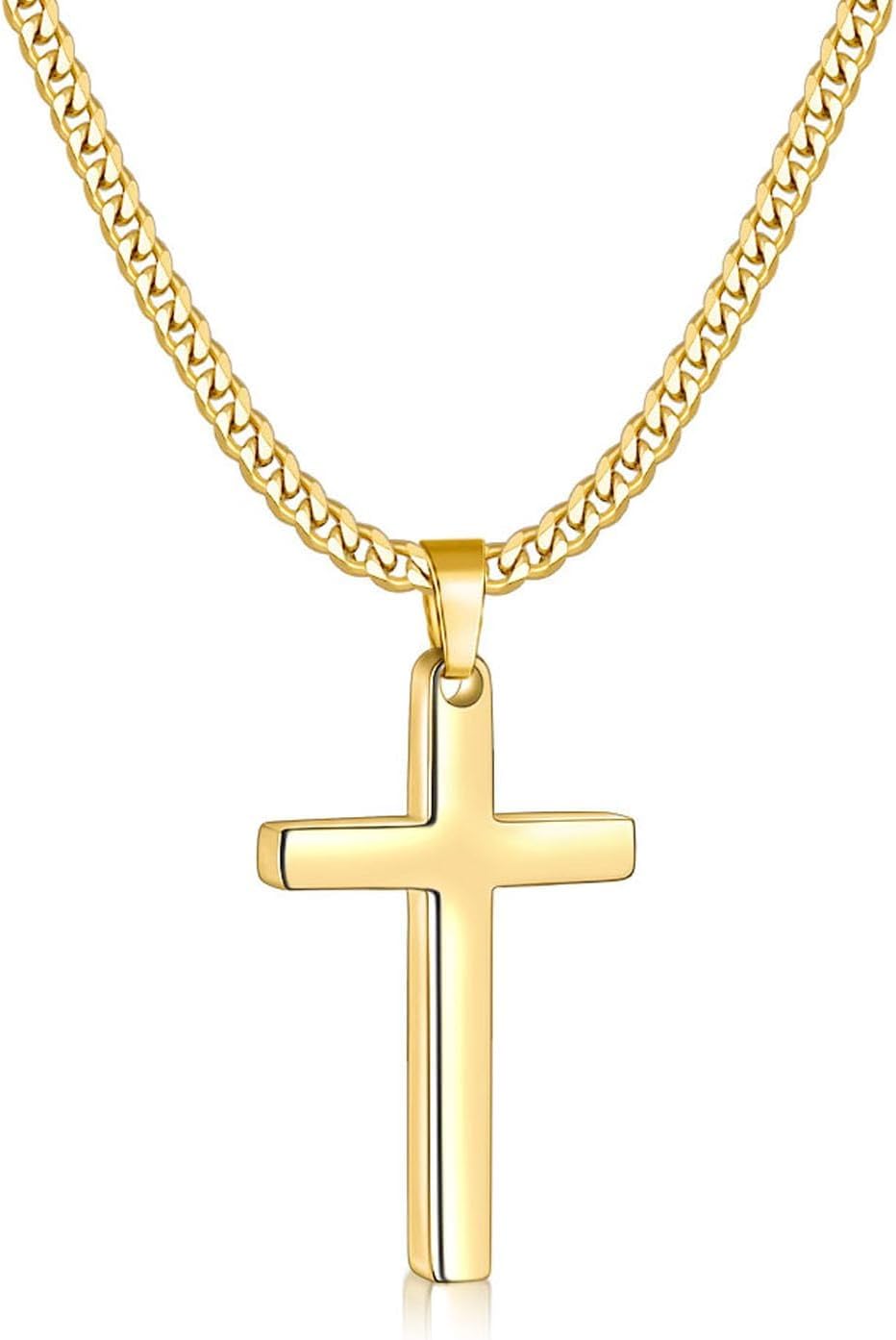 Fiusem Cross Necklace for Men and Women, Gold Plated Mens Cross Necklaces with 3.5mm Cuban Chain, Stainless Steel Pendant Chain 16-24 Inches