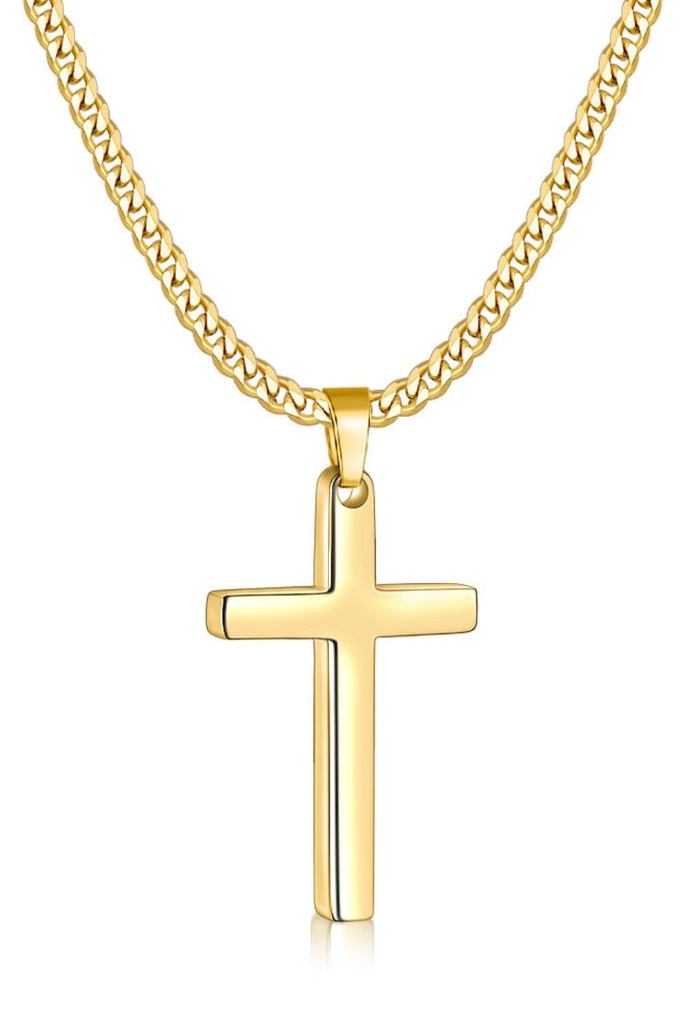 Fiusem Cross Necklace for Men and Women, Gold Plated Mens Cross Necklaces with 3.5mm Cuban Chain, Stainless Steel Pendant Chain 16-24 Inches