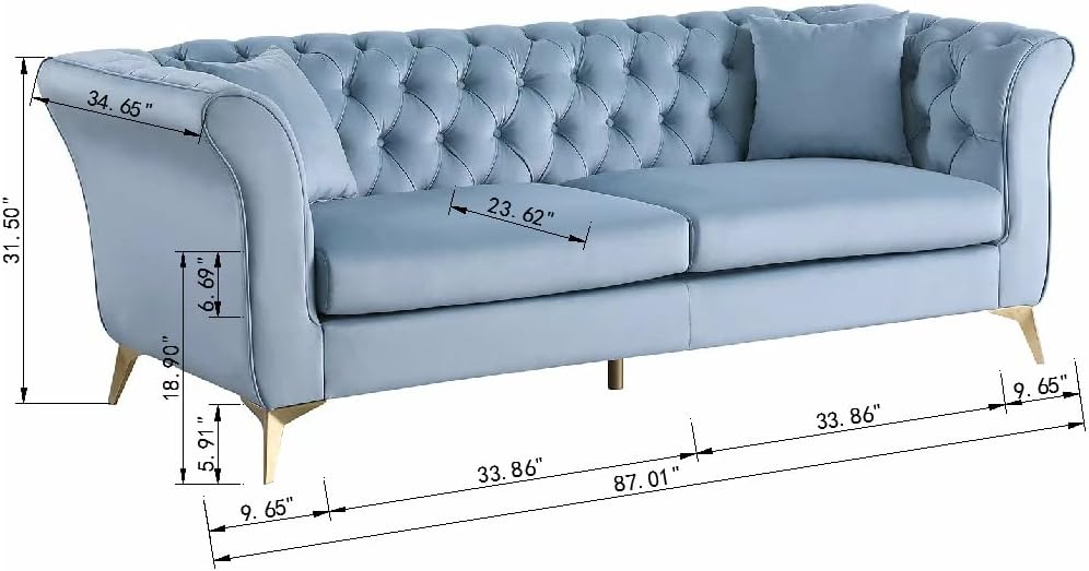 Chesterfield Sofa Couch, 87" Blue Modern Couch with Deep Seats, Velvet Fabric Comfy Sofas, Mid-Century 3 Seater Couch with Wide Armrest, Couches for Living Room, Bedroom and Office