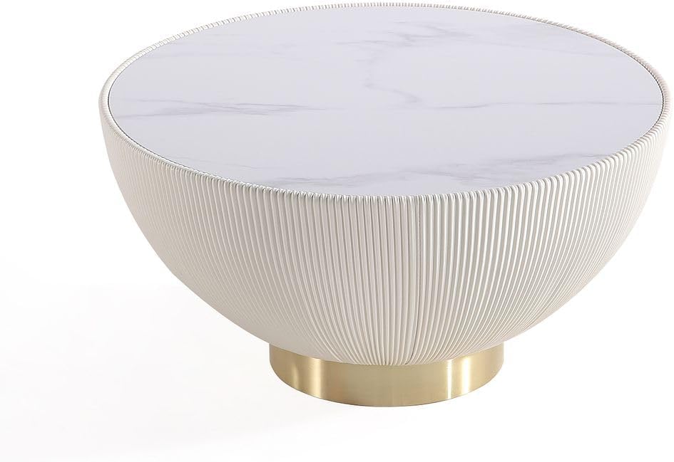 Manhattan Comfort Anderson Modern 28.15" Round Coffee Table 2.0 - Ceramic Marble Tabletop, Elegant Pleated Leatherette Details & Gold Base, Fully Assembled Accent Furniture, Set of 1, Cream