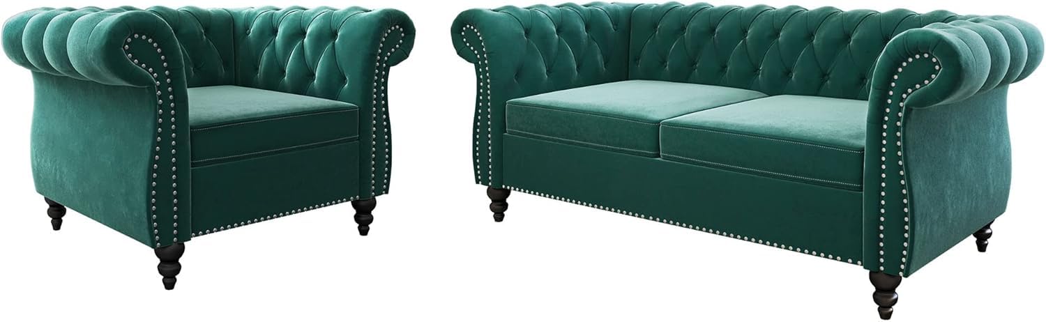 AVZEAR 3-Piece Living Room Sectional Sofa Set, Green Velvet Couch Upholstered Sofa Modern Sofa Couches Set Style Button Tufted, Velvet Chesterfield Sofa for Living Room Apartment, 1+2+3 Seat Green