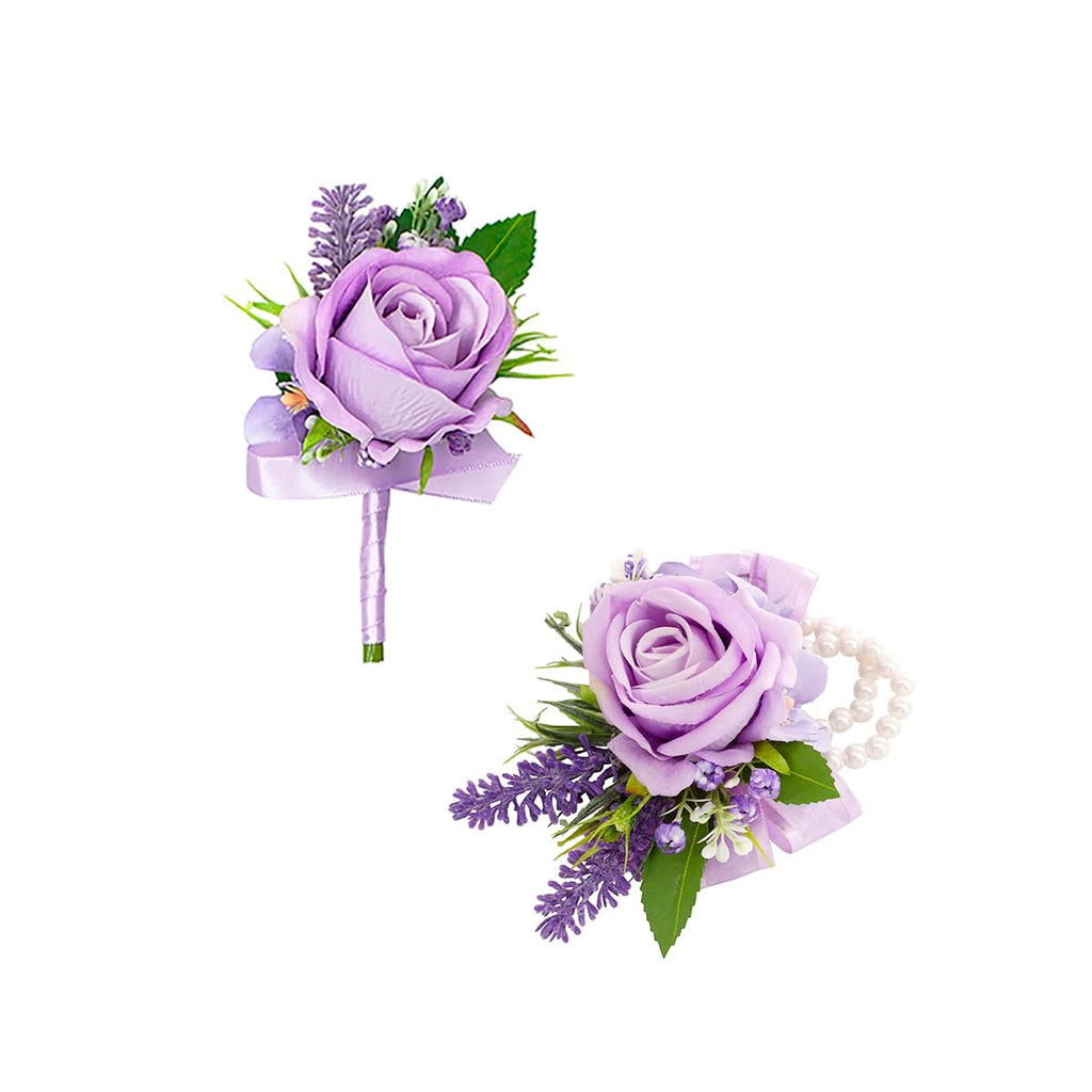 Floinla Purple Corsage and Boutonniere Set for Wedding Prom, Artificial Flower Wrist Corsage Bracelets, Homecoming Corsage Wristlet, Boutonniere for Men Wedding Suit Decorations