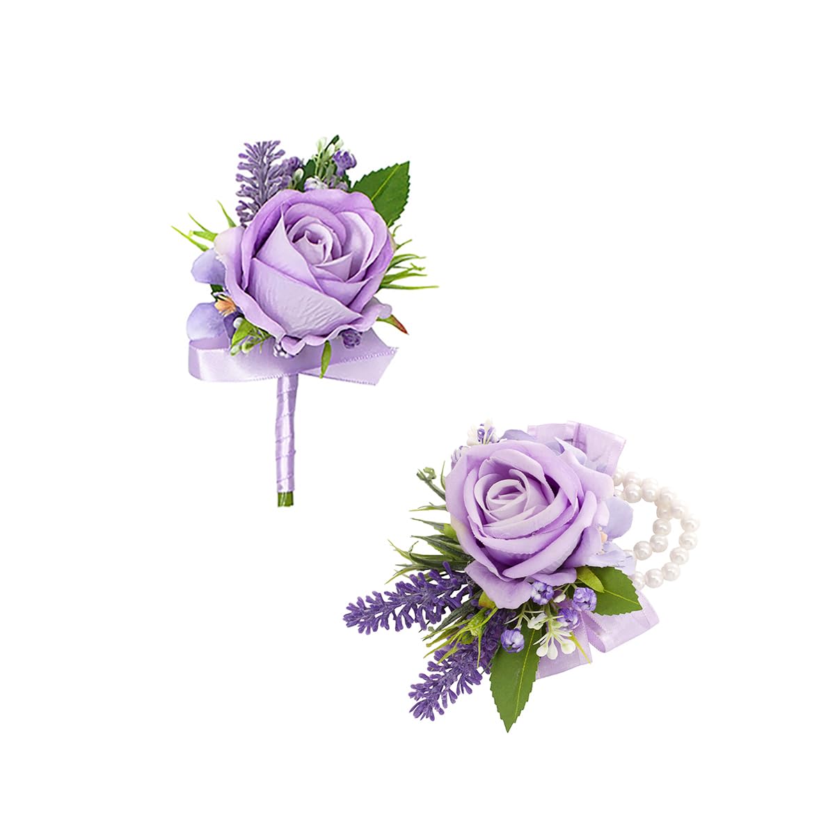Floinla lilla corsage- og boutonnièresæt til bryllup og prom, kunstige blomster armbåndscorsager, hjemkomstcorsage armbånd, boutonnière til mænds bryllupsjakkesæt dekorationer