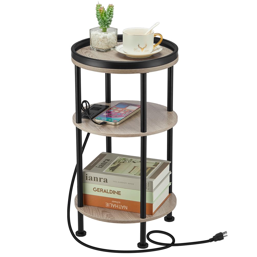 Small Round Side Table for Small Spaces, 3-Tier Round Accent Table Slim Side Table, Modern Sofa Corner Table for Living Room Nightstand Bedroom (Rustic Brown)