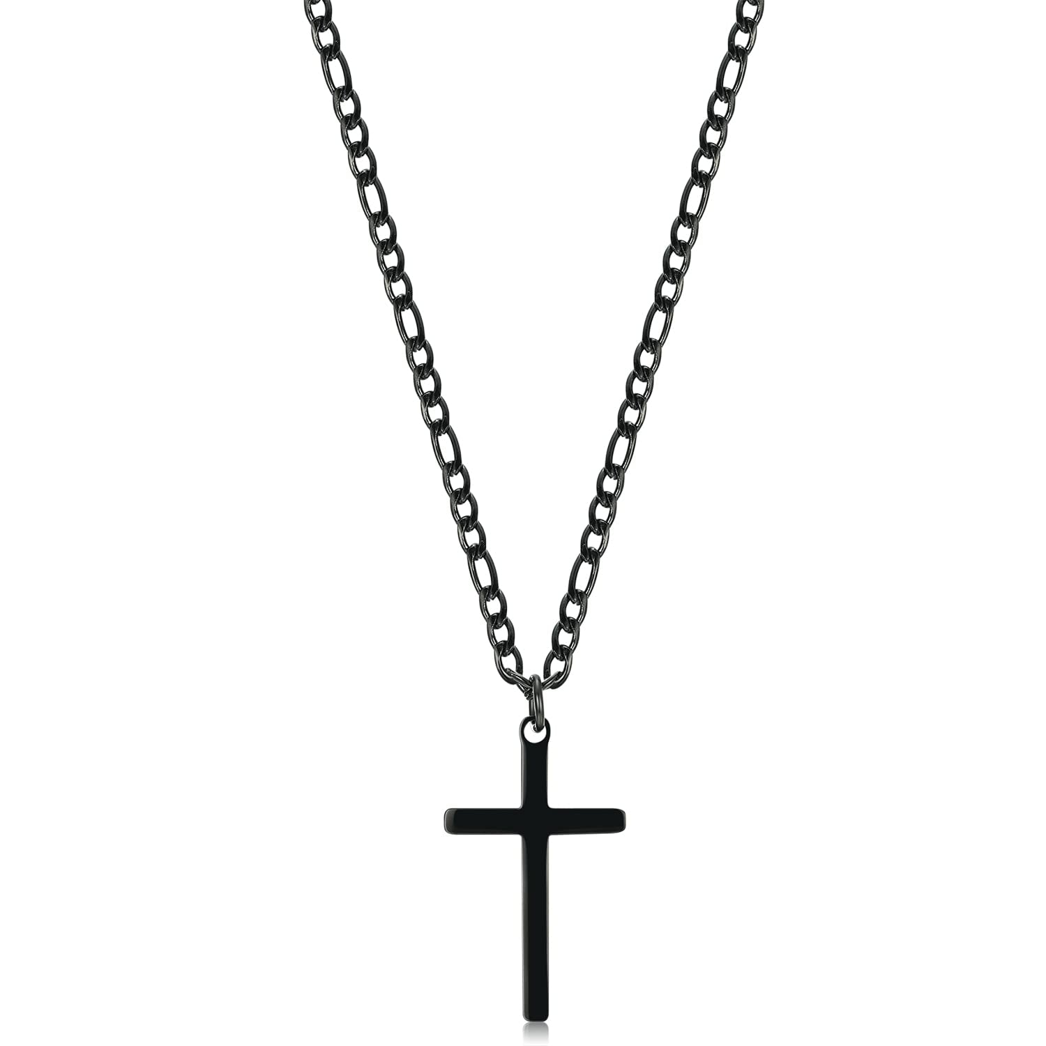 14K Gold Filled Cross Necklace for Men Figaro Chain Stainless Steel Plain Polished Cross Pendant Necklace Simple Faith Jewelry Gift for Women