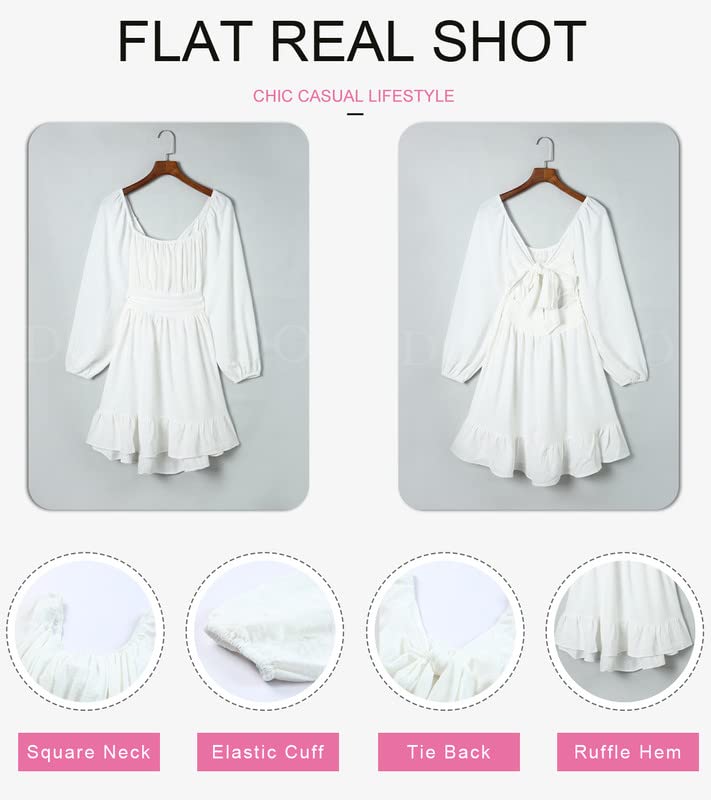 Dokotoo Womens Summer Dress Square Neck Tie Back Fall Clothes Lantern Long Sleeve White Dress Ruffle A-Line Plus Size Dress Shirred Elastic Waist Casual Mini Dress XX-Large