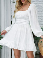 Dokotoo Womens Summer Dress Square Neck Tie Back Fall Clothes Lantern Long Sleeve White Dress Ruffle A-Line Plus Size Dress Shirred Elastic Waist Casual Mini Dress XX-Large