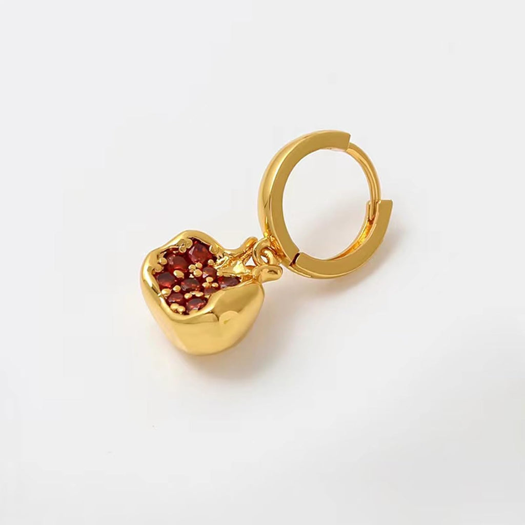 Pomegranate Earrings Necklace for Women 18k Gold Plated Cubic Zirconia Inlay Red Pomegranate Pendant Necklace Gold Hoop Earrings Jewelry Set