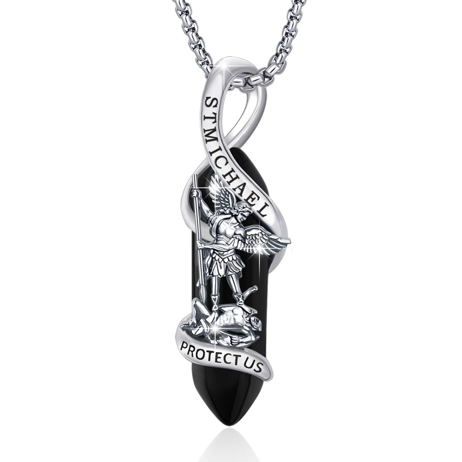 St Michael Necklace 925 Sterling Silver Archangel Michael Pendant Healing Crystal Point Saint Michael Necklace Amulet Protection Catholic Jewelry for Men Women