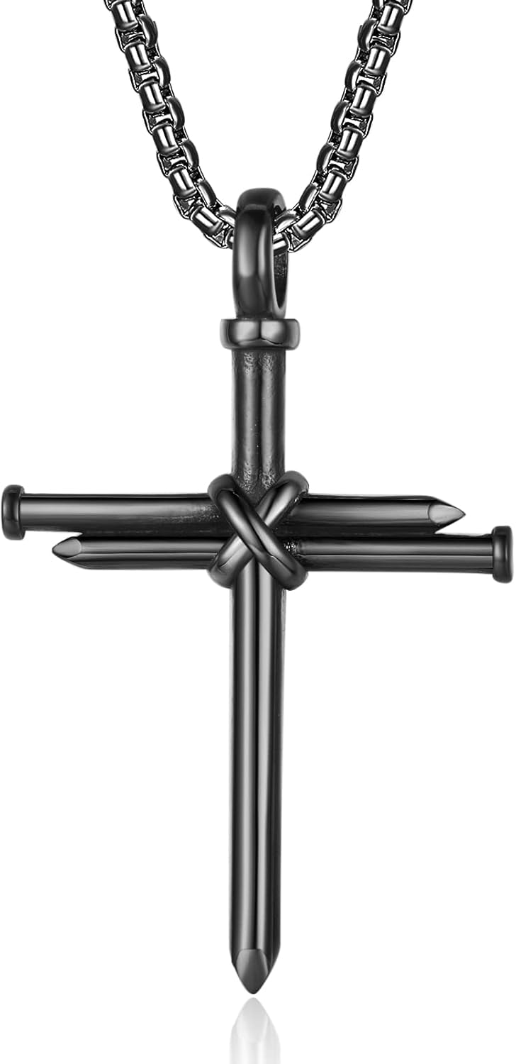 Nail Cross Necklace for Men Stainless Steel Chain 24inch 3 Nails Jesus Cross Pendant Christian Gifts for Dad 3 Colors