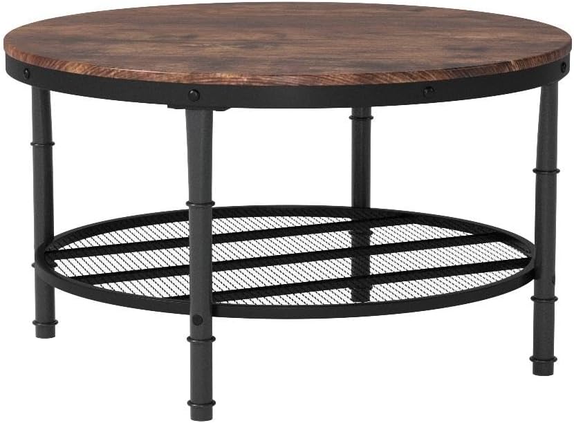 VINGLI Round Coffee Tables Living Room, 31.5" Round Coffee Table with Storage Round Wooden Coffee Table Round Farmhouse Coffee Table, Industrial Coffee Table Rustic Round Coffee Table with Metal Shelf