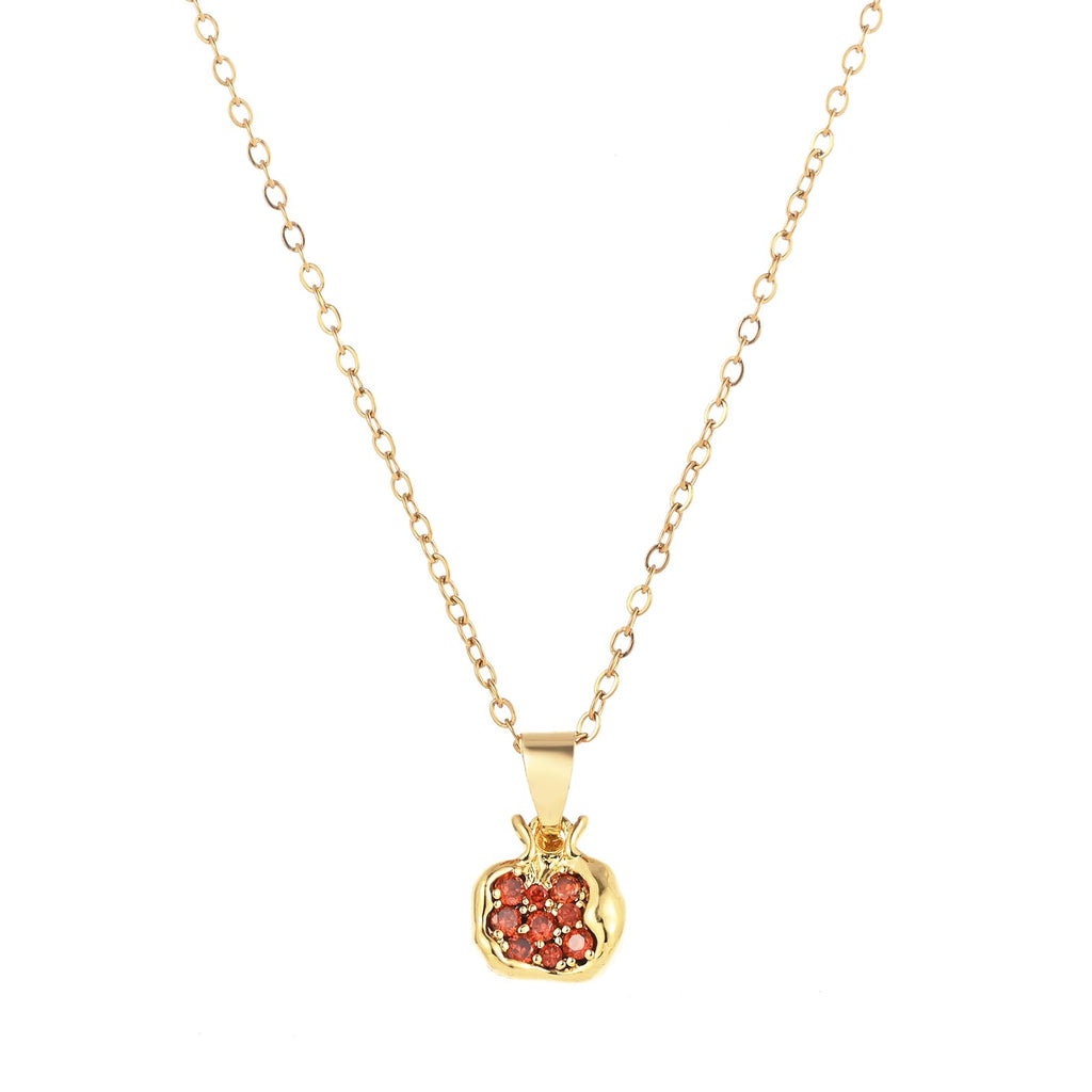 Pomegranate Earrings Necklace for Women 18k Gold Plated Cubic Zirconia Inlay Red Pomegranate Pendant Necklace Gold Hoop Earrings Jewelry Set