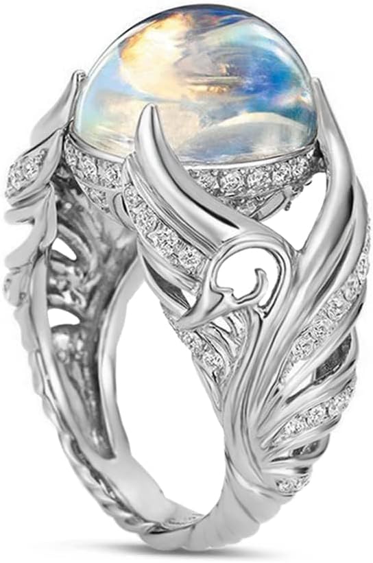 HAIXIAN Feather Leaf Moonstone Ring,S925 Sterling Silver Statement Angel wings Ring,Cocktail Party Ring Jewelry for Women