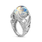 HAIXIAN Feather Leaf Moonstone Ring,S925 Sterling Silver Statement Angel wings Ring,Cocktail Party Ring Jewelry for Women