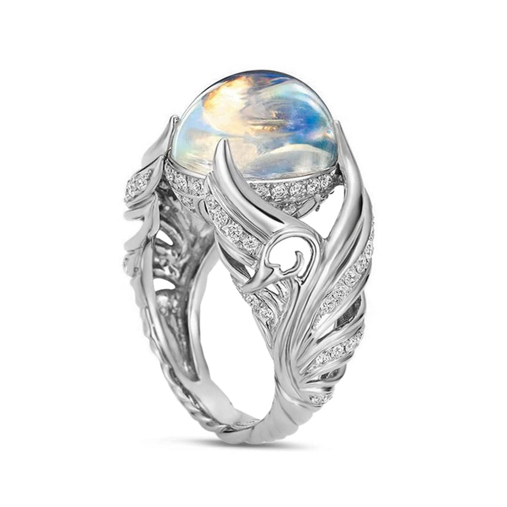 HAIXIAN Feather Leaf Moonstone Ring,S925 Sterling Silver Statement Angel wings Ring,Cocktail Party Ring Jewelry for Women