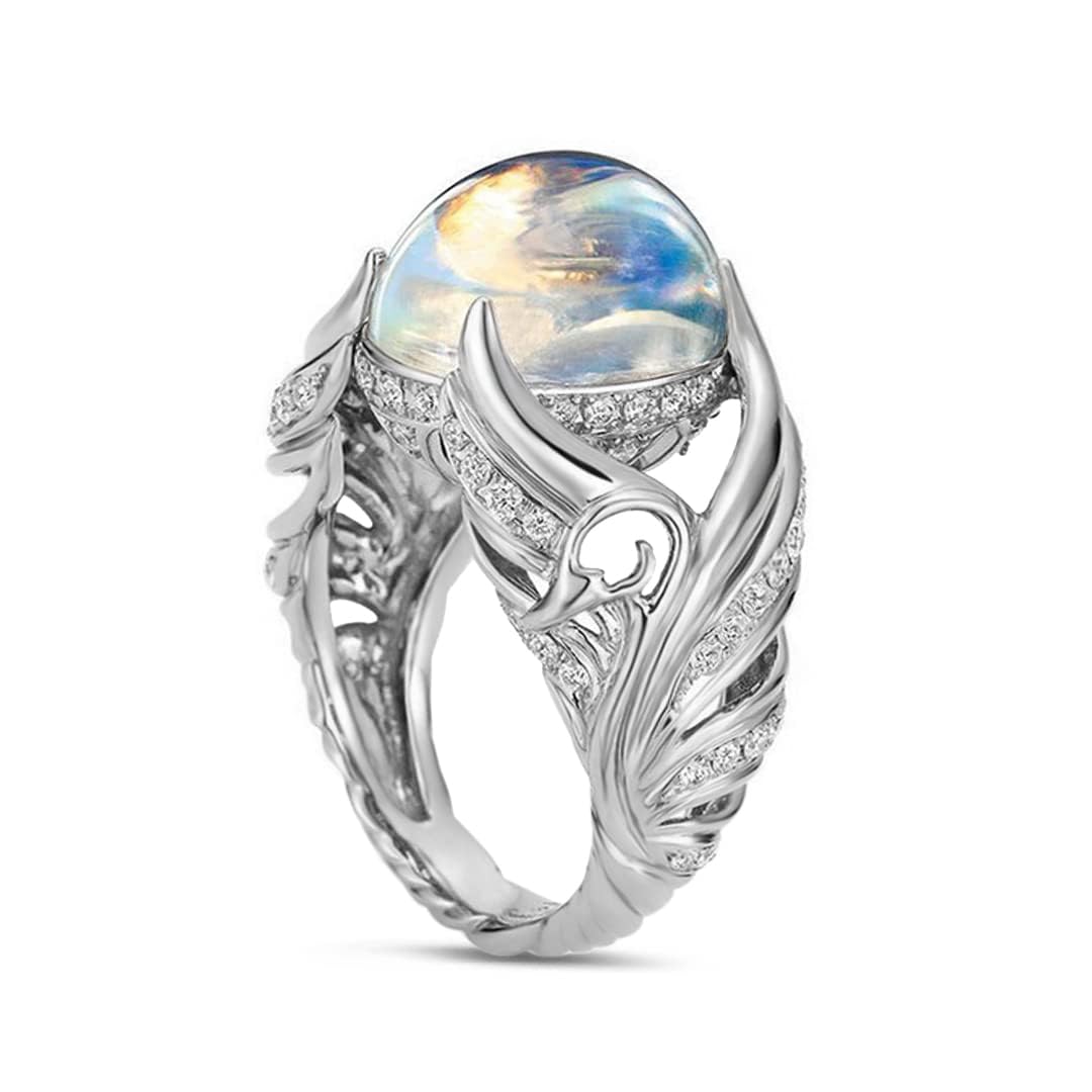 HAIXIAN Feather Leaf Moonstone Ring,S925 Sterling Silver Statement Angel wings Ring,Cocktail Party Ring Jewelry for Women