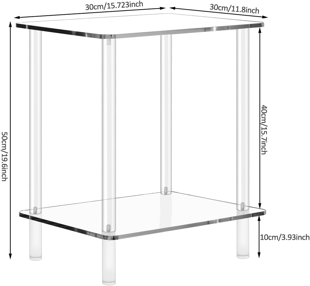 2-Tier Acrylic Small Side Table End Table Bedside Table Square Nightstand for Coffee Tea Drinking Living Room Saving Space Bedroom Bathroom Furniture 15.7'' L x 11.8'' W x 20'' H