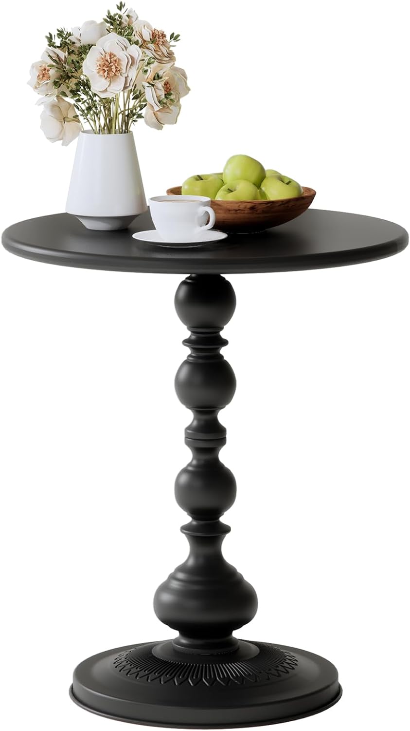 XIV Metal Small Round Side End Table, Vintage Matte Coffee Drink Cocktail Table, Accent Pedestal Table for Living Room Corners and Small Spaces, 21'' Height (Black)