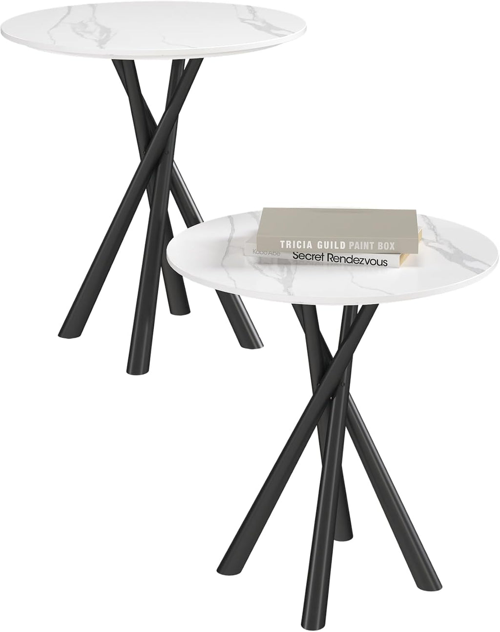 Round White Marble Side Table Set of 2, Modern End Table with Sintered Stone Top and Black Metal Legs, Sofa Coffee Table for Living Room Apartment (20" x 20" x 22")