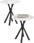 Round White Marble Side Table Set of 2, Modern End Table with Sintered Stone Top and Black Metal Legs, Sofa Coffee Table for Living Room Apartment (20" x 20" x 22")