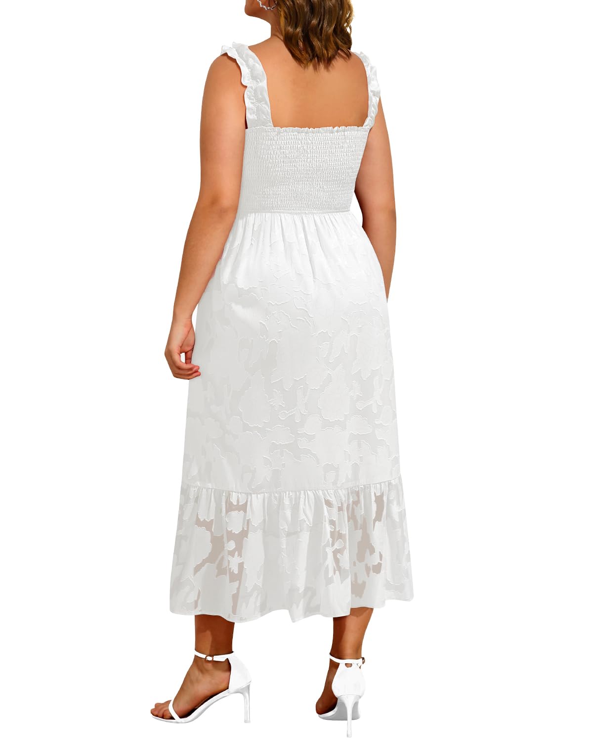 Women Plus Size Summer Maxi White Dress Floral Spaghetti Strap Casual Beach Smocked Sleeveless Long Flowy Sundress