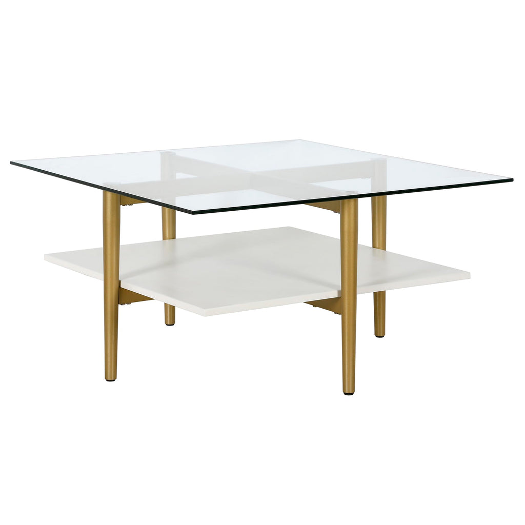 Otto 32" Wide Square Coffee Table with Faux Marble Shelf in Brass